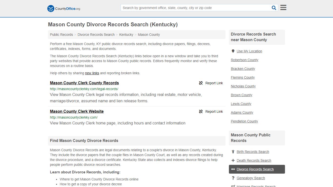 Divorce Records Search - Mason County, KY (Divorce ...